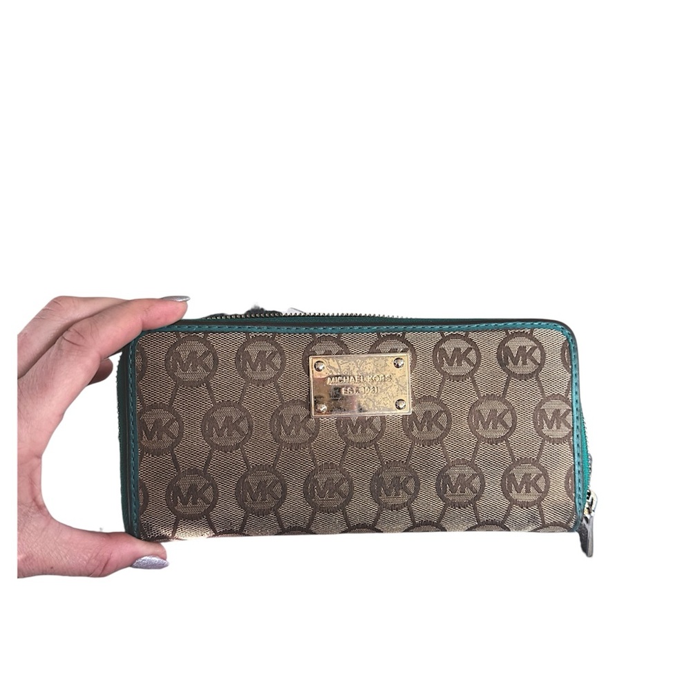 Michael Kors Brown Monogram Zip Wallet with Teal Turquoise Leather Trim